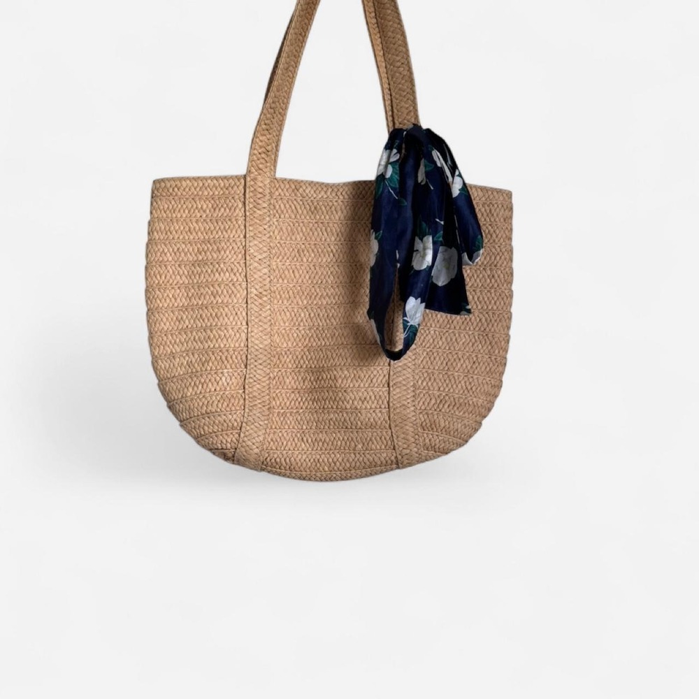 Draper James Everyday Straw Tote Bag with Navy Floral Scarf